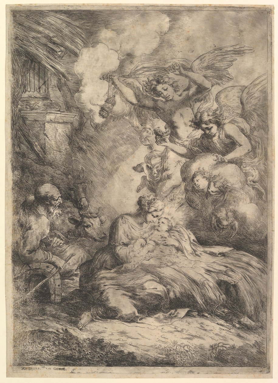 Syntymä enkelien kanssa, 1650-57. tekijältä Bartolomeo Biscaino