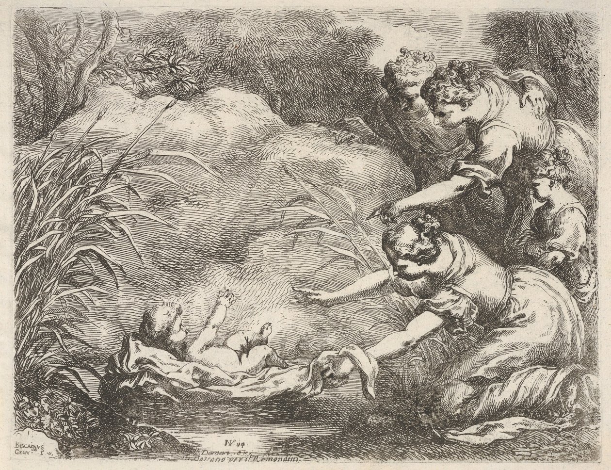 Mooseksen löytö, jonka Faraons daugin palvelijat pelastivat Niilistä, 1650-57. tekijältä Bartolomeo Biscaino