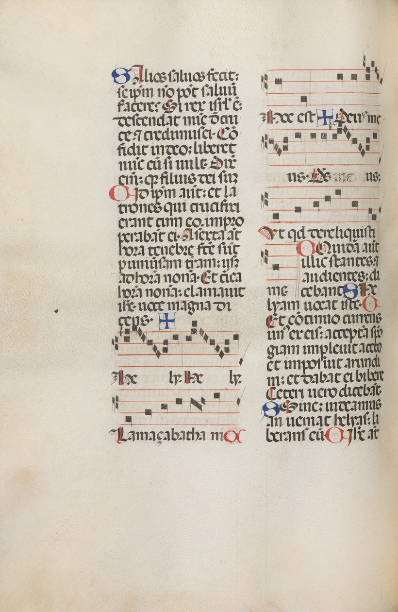 Missale: Fol. 121v: sisältää musiikkia Hely Hely Lamalle jne. St. Mattion Passionissa, 1469. tekijältä Bartolomeo Caporali