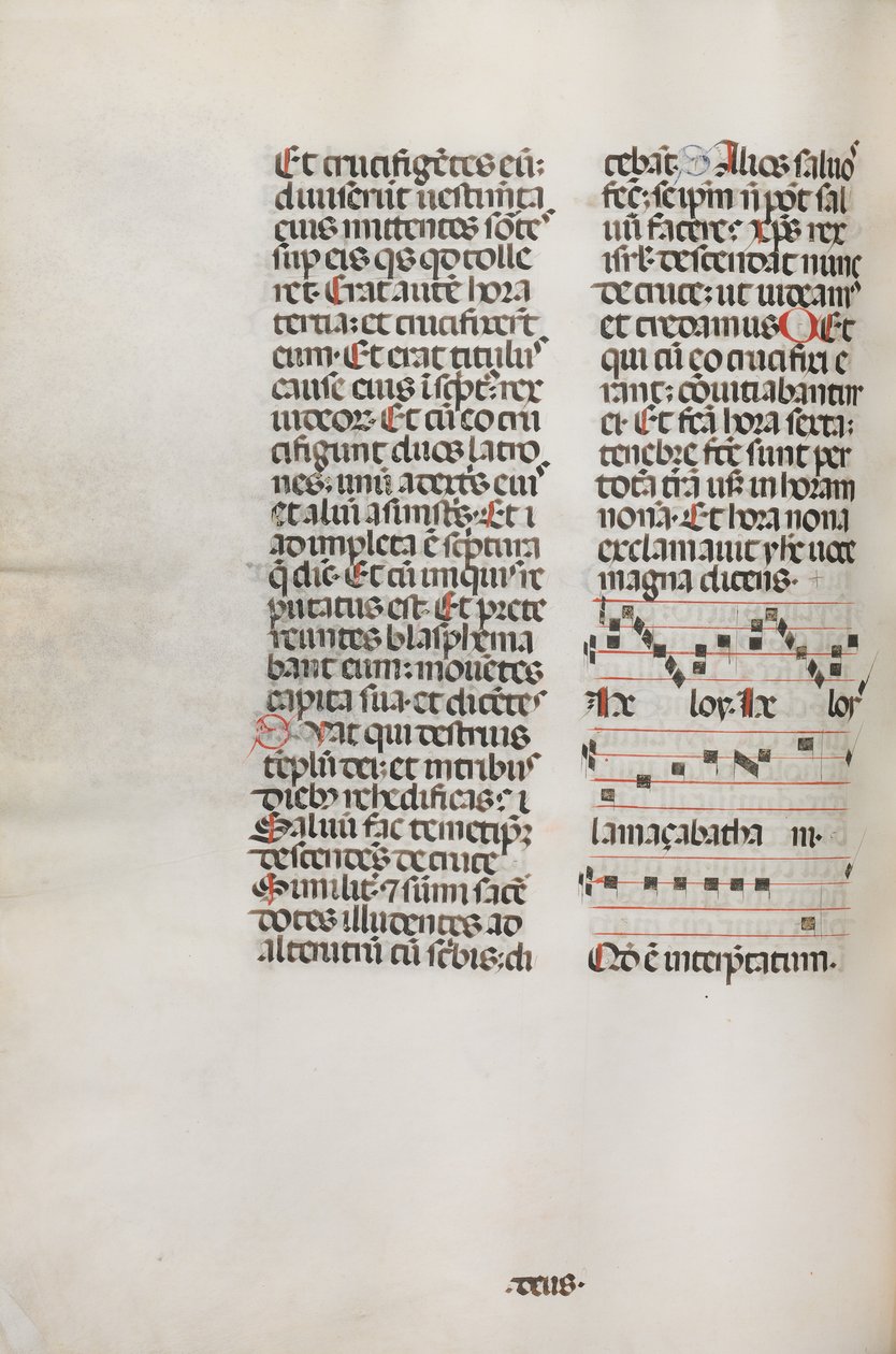 Missale: Fol. 128v: sisältää musiikkia Hely Hely Lamalle jne. St. Mattion Passionissa, 1469. tekijältä Bartolomeo Caporali