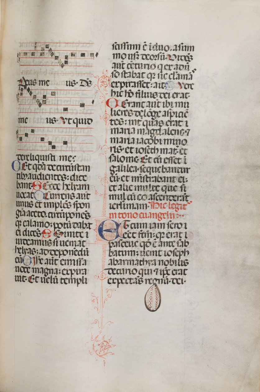 Missale: Fol. 129: sisältää musiikkia Hely Hely Lamalle jne. St. Mattion Passionissa, 1469. tekijältä Bartolomeo Caporali
