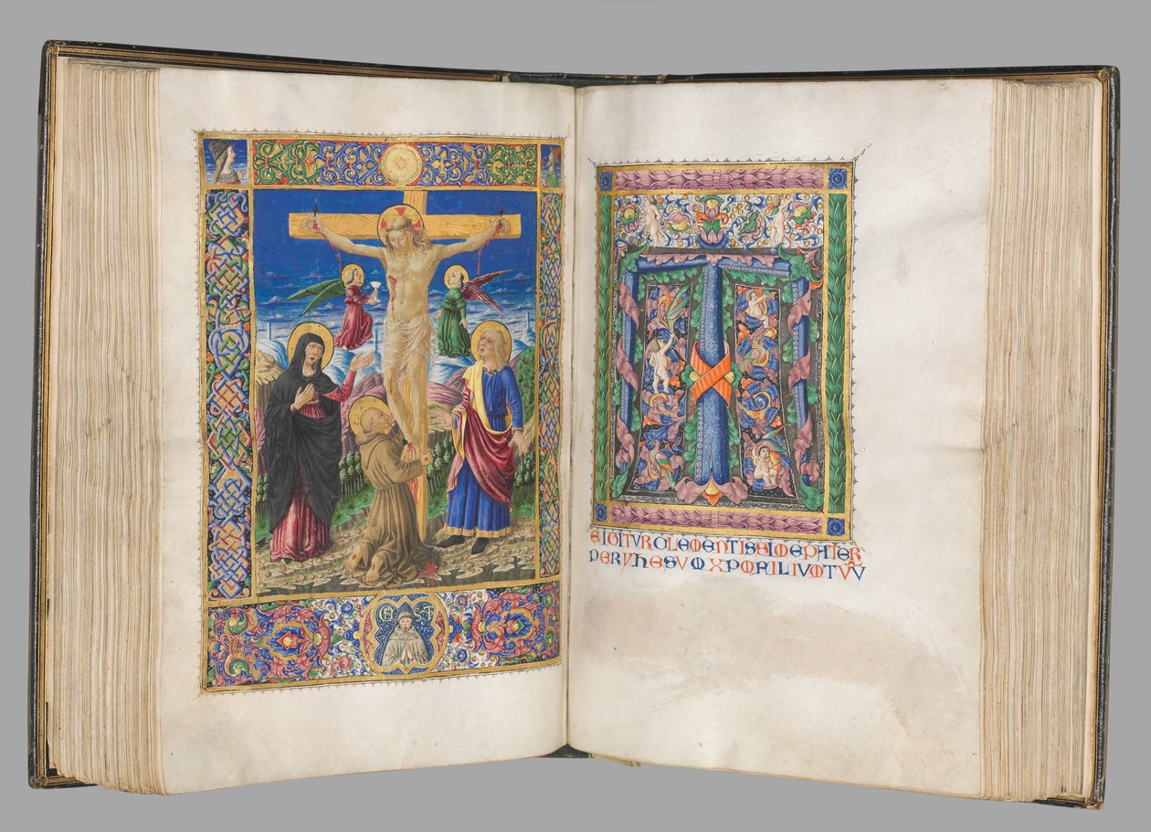 Missale: Fol. 185v: Ristiinnaulitseminen reunoilla koko sivu, 1469. tekijältä Bartolomeo Caporali