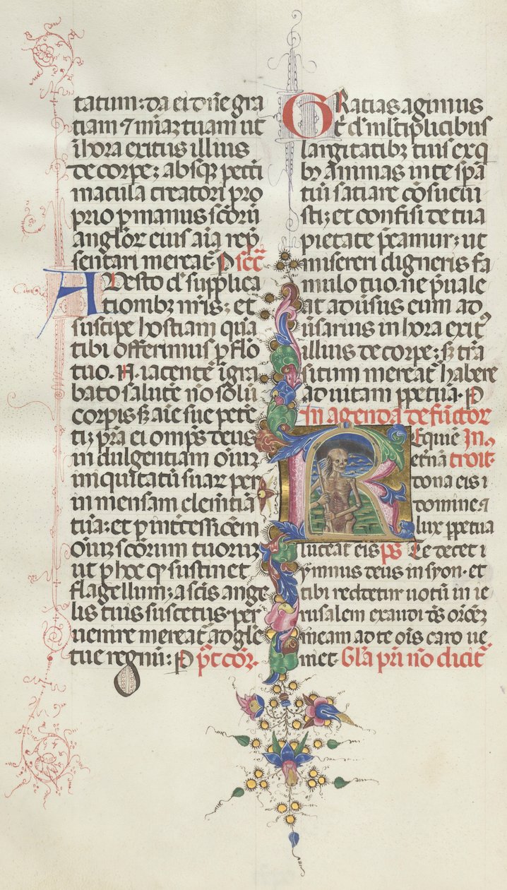 Missale: Fol. 387v: Kuolema esitettiin luurankona sirppillä, 1469. tekijältä Bartolomeo Caporali