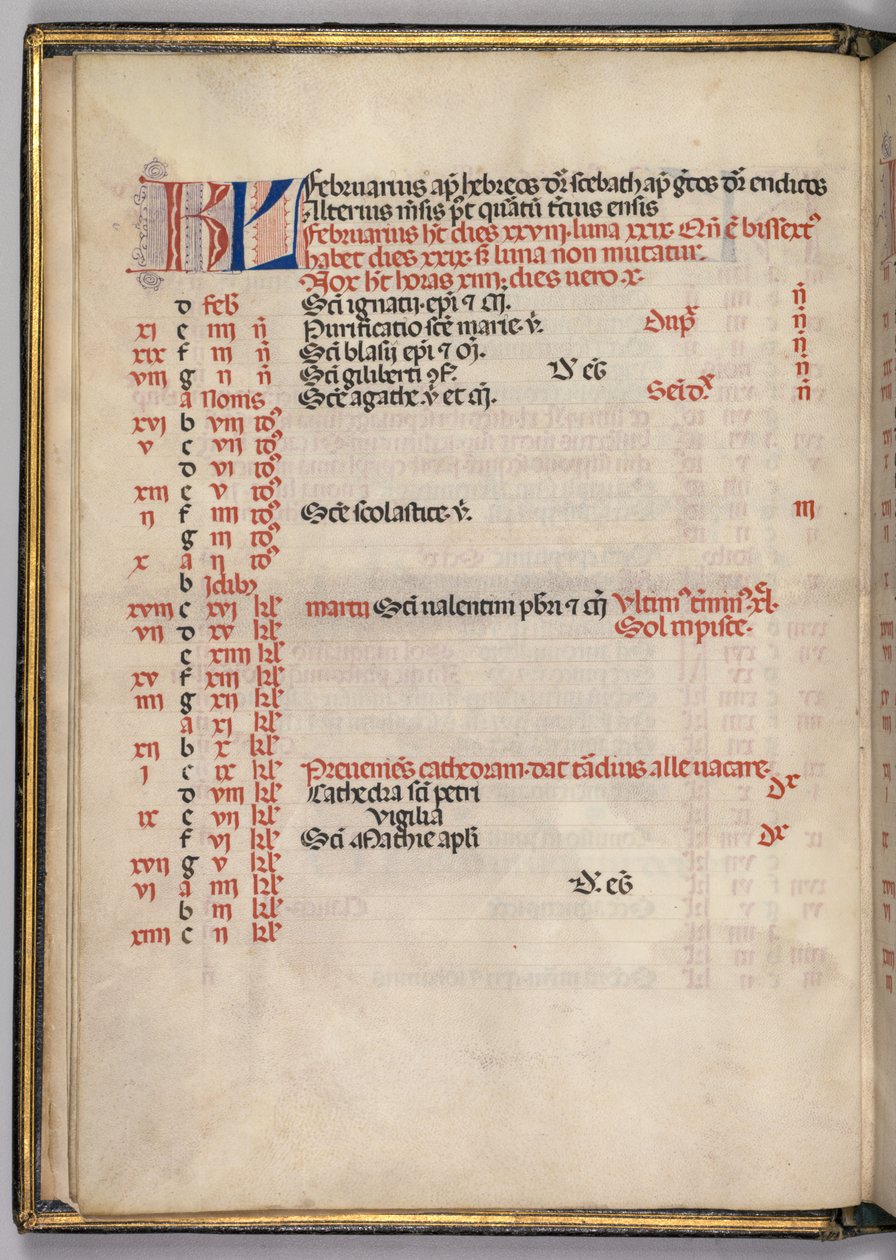 Missale: Fol. 3v: helmikuun kalenterisivu, 1469. tekijältä Bartolomeo Caporali