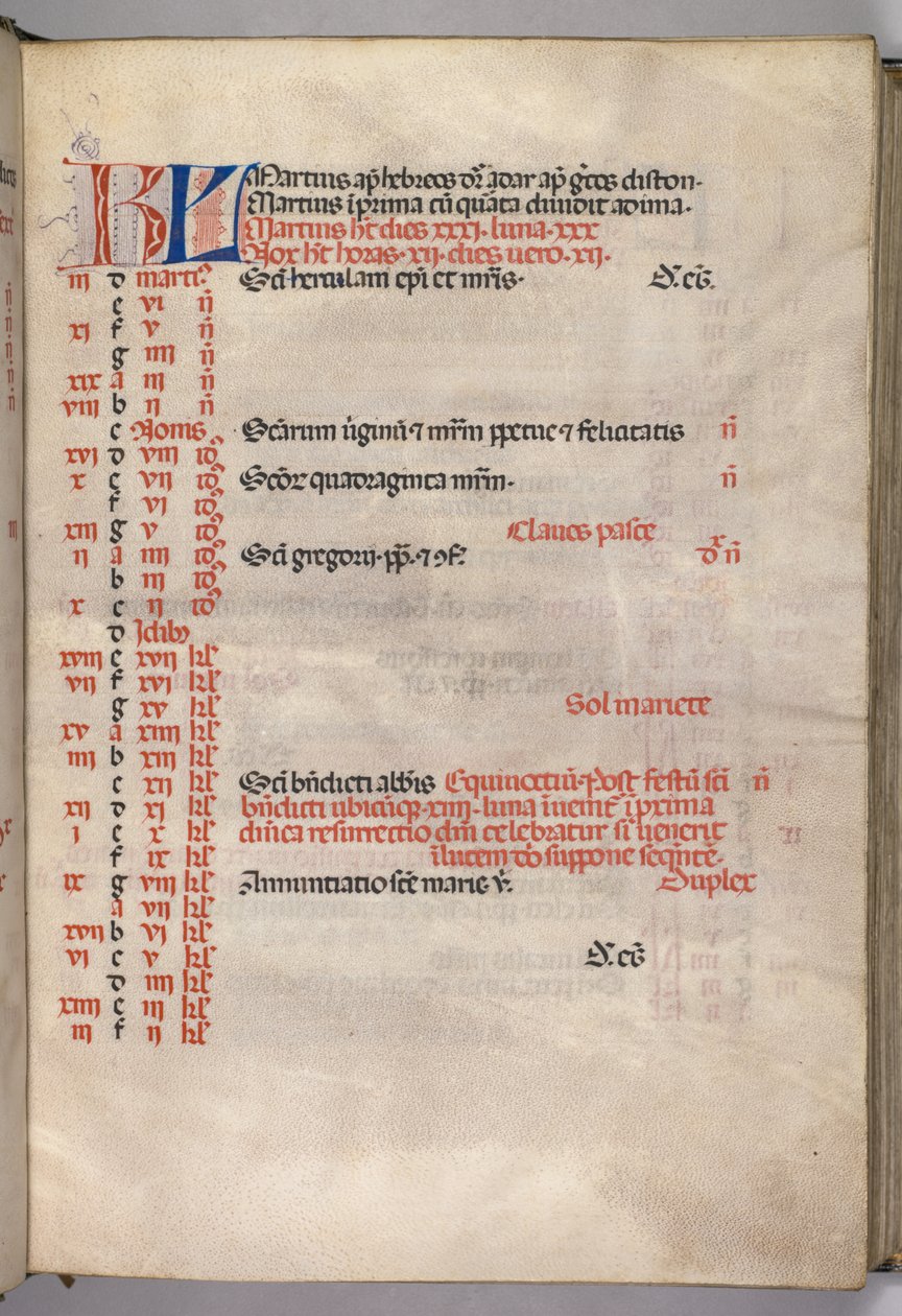 Missale: Fol. 4r: maaliskuun kalenterisivu, 1469. tekijältä Bartolomeo Caporali