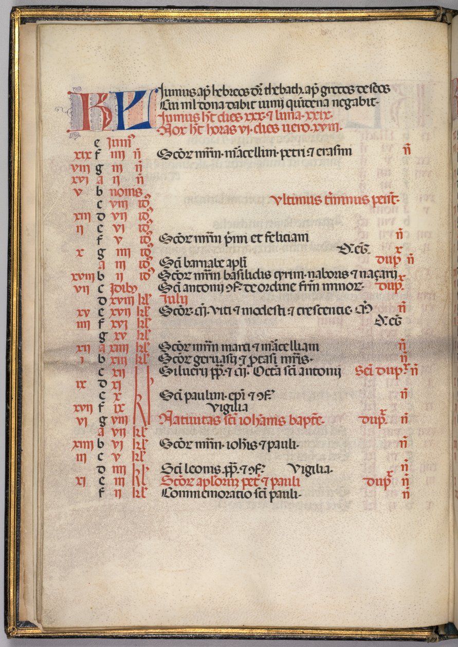 Missale: Fol. 5v: kesäkuun kalenterisivu, 1469 tekijältä Bartolomeo Caporali