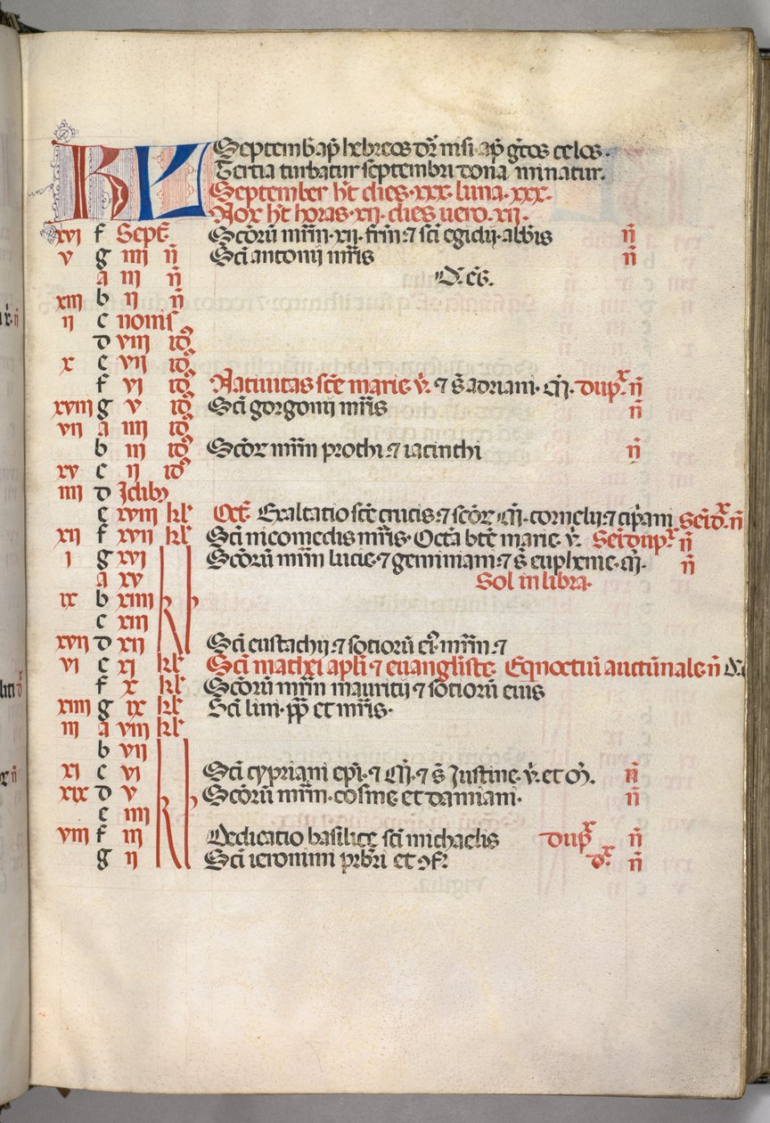 Missale: Fol. 7r: syyskuun kalenterisivu, 1469. tekijältä Bartolomeo Caporali