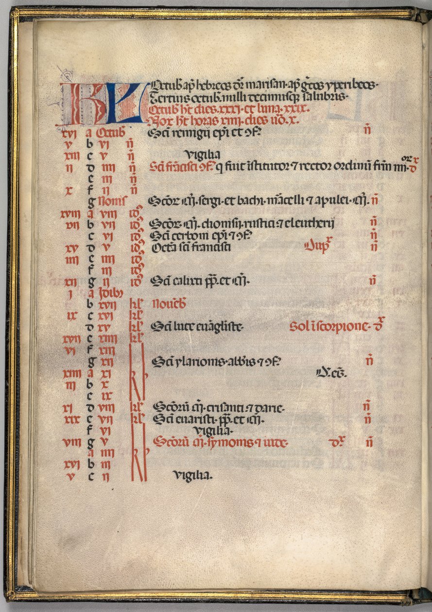Missale: Fol. 7v: lokakuun kalenterisivu, 1469. tekijältä Bartolomeo Caporali