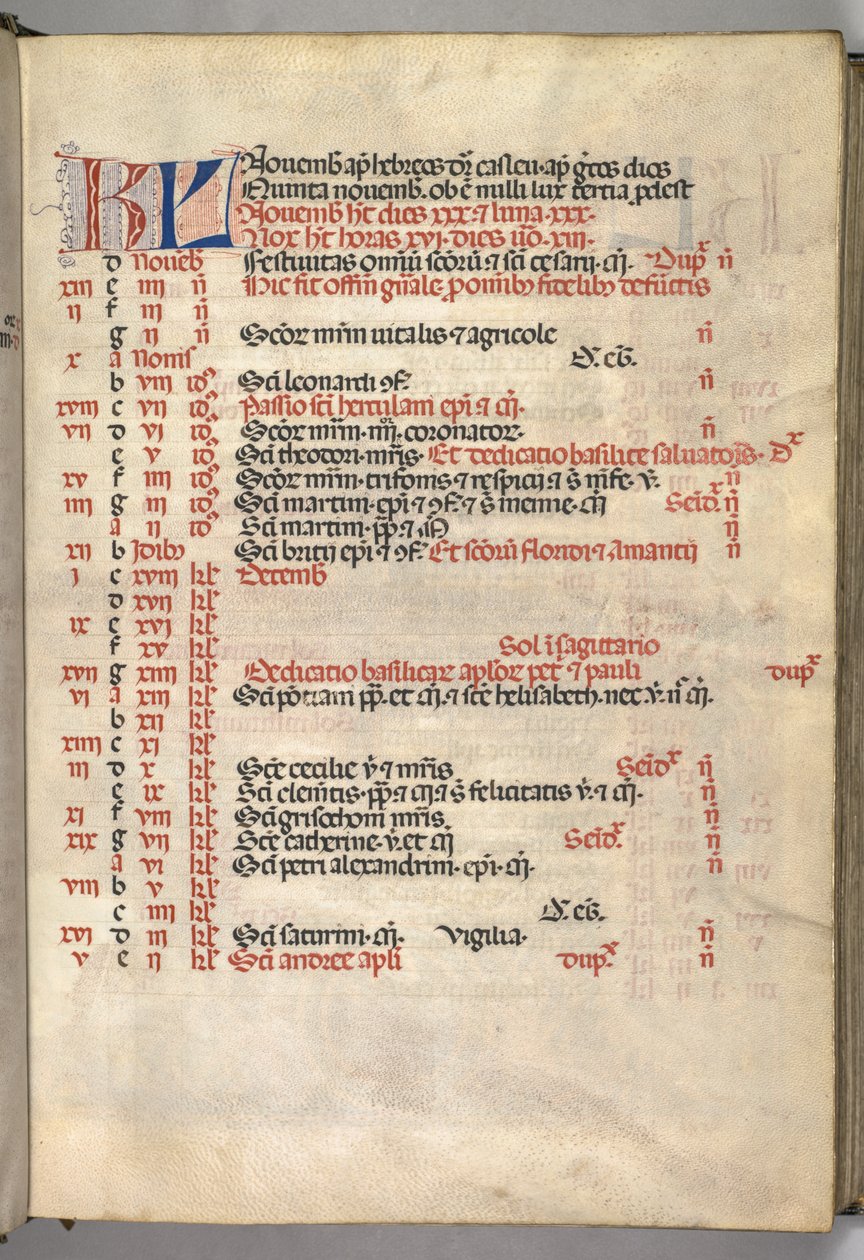 Missale: Fol. 8r: marraskuun kalenterisivu, 1469 tekijältä Bartolomeo Caporali