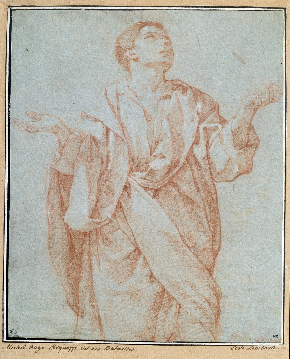 Mies verho, kädet auki, silmät kohotettuina taivaaseen, pää kallistettuna Bartolomeo Cesin (1556-1620) piirustus a la sanguine. 0,28 x 0,23 m Pariisi. Louvren taidemuseo tekijältä Bartolomeo Cesi