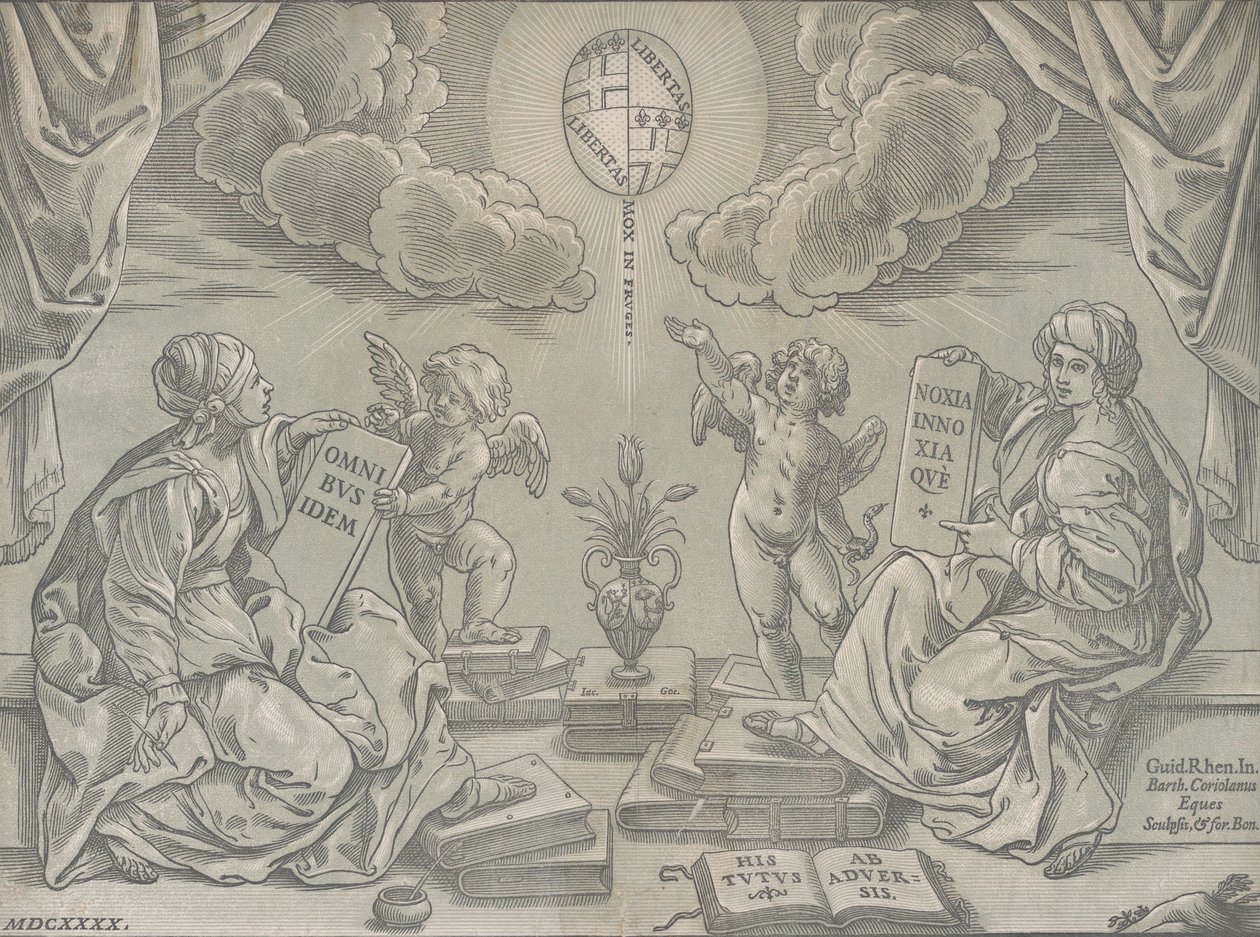 Väitöskirjan allegoria, kaksi naista kädessään kaiverrettuja tauluja, 1640. tekijältä Bartolomeo Coriolano