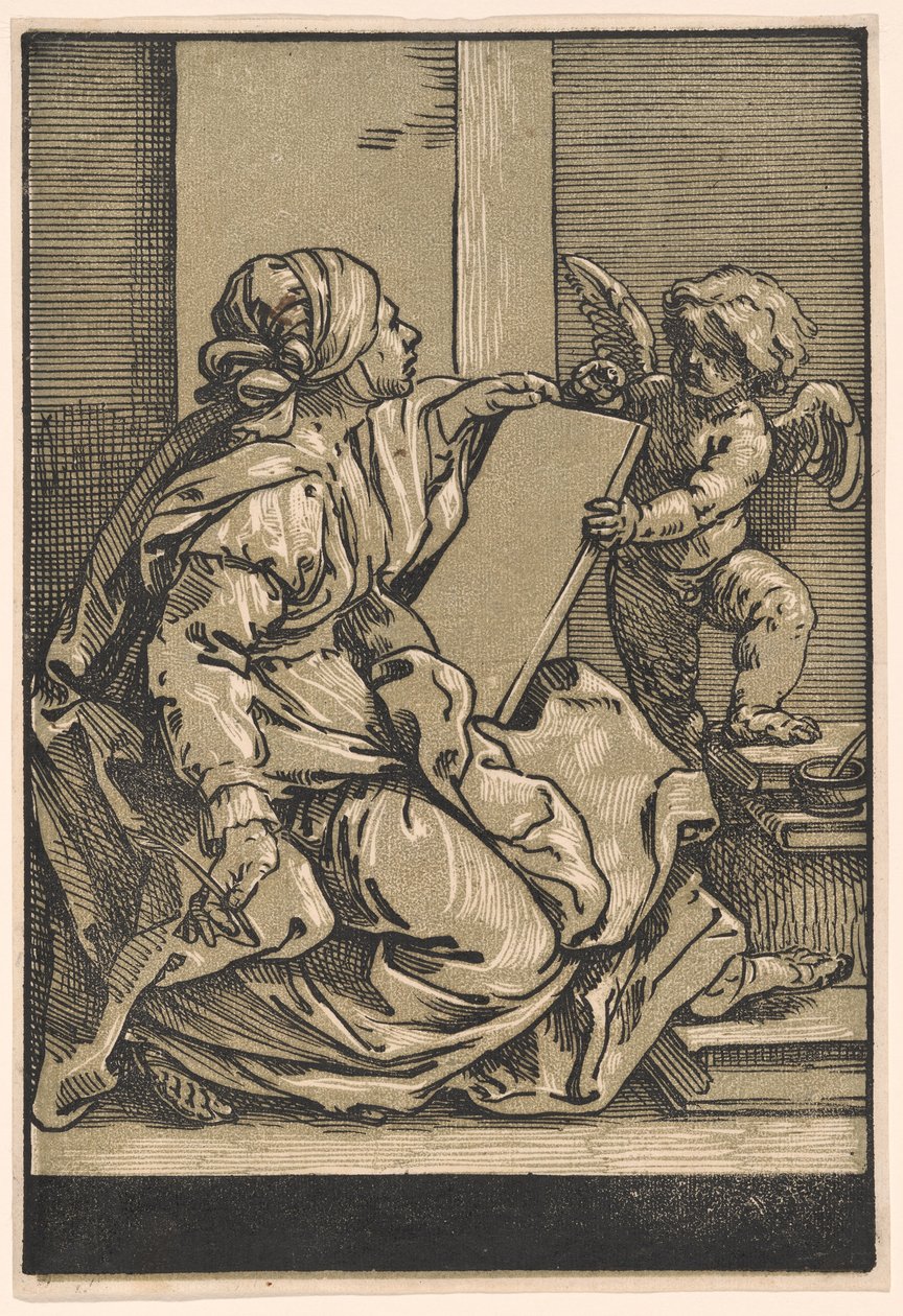 Sibylli pitelee tablettia, jossa on siivekäs putto tekijältä Bartolomeo Coriolano