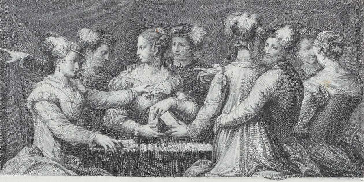 Ryhmä tyylikkäästi pukeutuneita ihmisiä, jotka pelaavat korttia, 1740-68 tekijältä Bartolomeo Crivellari