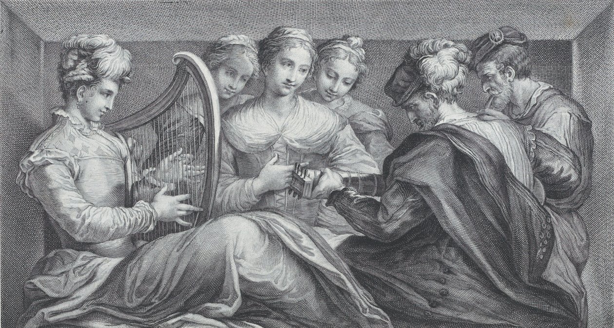 Ryhmä tyylikkäästi pukeutuneita ihmisiä soittamassa harppua ja kitaraa, 1740-68 tekijältä Bartolomeo Crivellari
