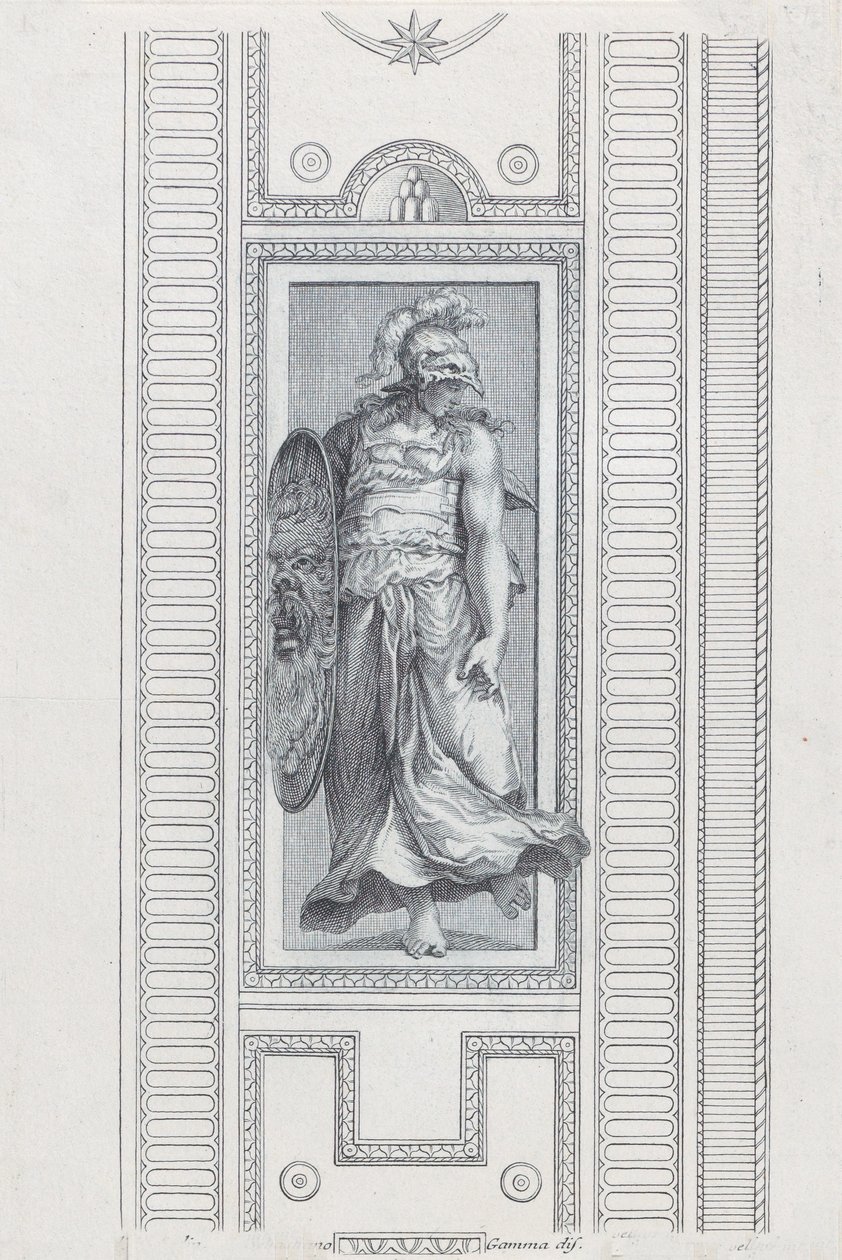 Kilpi 15: mytologinen hahmo, jolla on kypärä ja kilpi, 1756 tekijältä Bartolomeo Crivellari