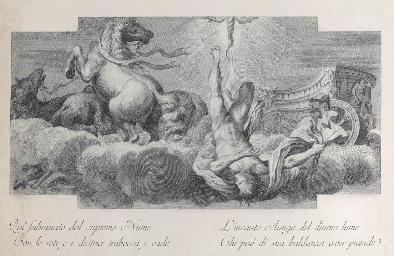 Levy 34: Auriga, vaununkuljettaja, putoaa vaunuista keskellä, kolme hevosta l..., 1756 tekijältä Bartolomeo Crivellari