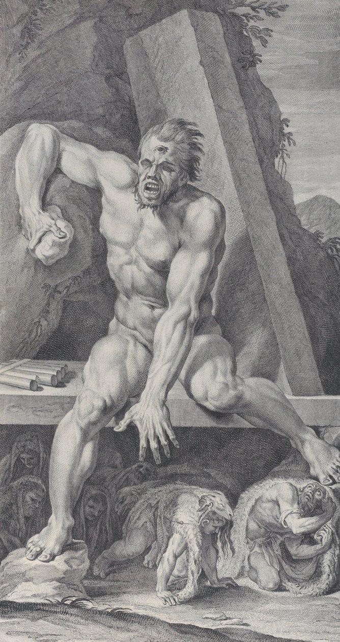 Levy 7: sokea Polyphemus vartioi luolaansa sisäänkäyntiä Ulysseksen ja hänen..., 1756 tekijältä Bartolomeo Crivellari
