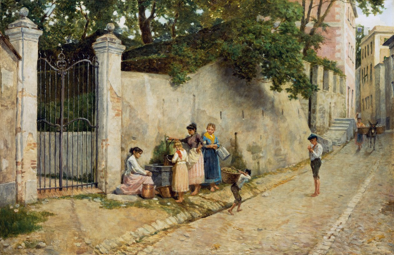 Suihkulähteellä, Bartolomeo Giuliano (1825-1909), öljy kankaalle, 64,5x100 cm tekijältä Bartolomeo Giuliano