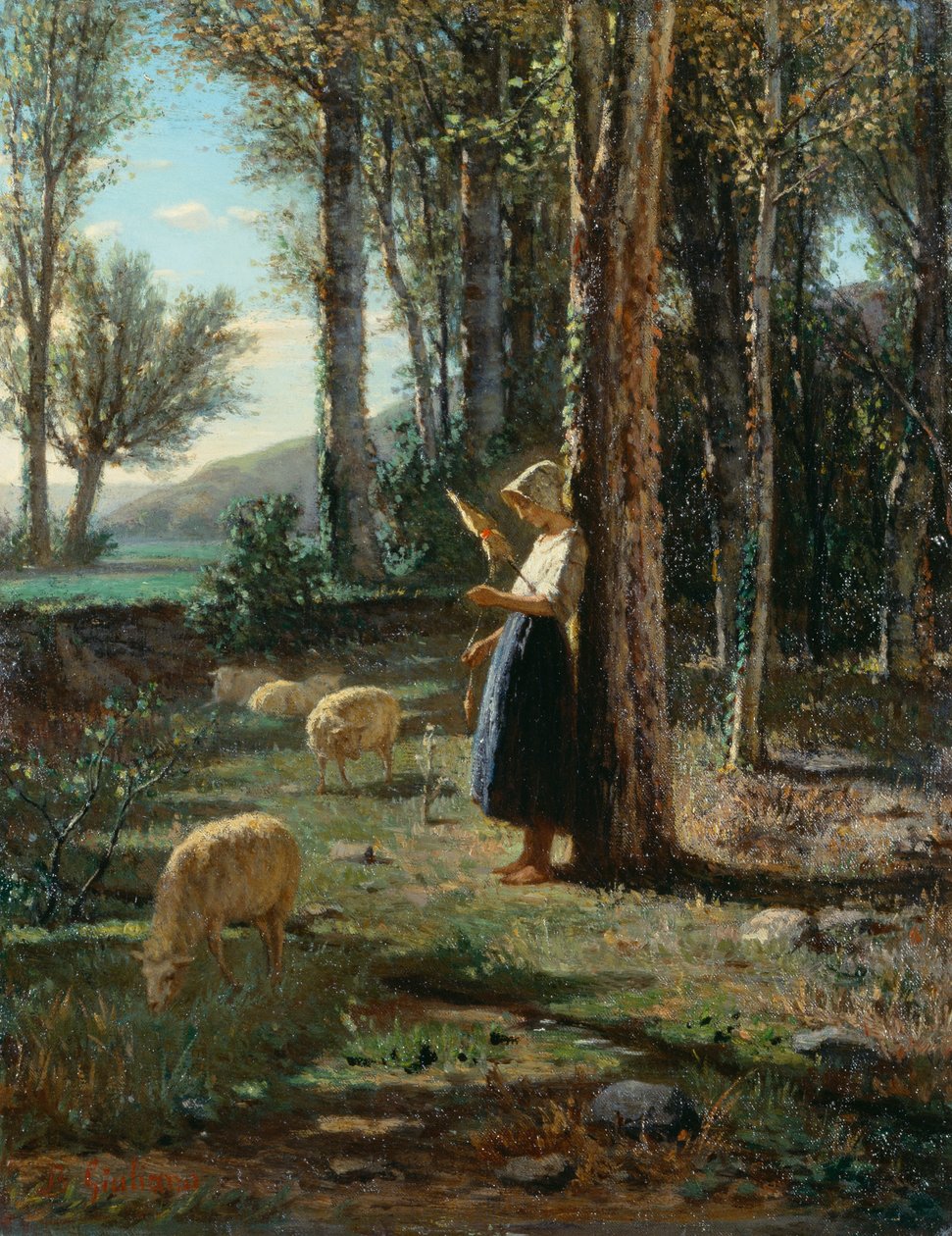 Paimentar lammaslaumalla, Bartolomeo Giuliano (1825-1909), öljy kankaalle, 35x27 cm tekijältä Bartolomeo Giuliano