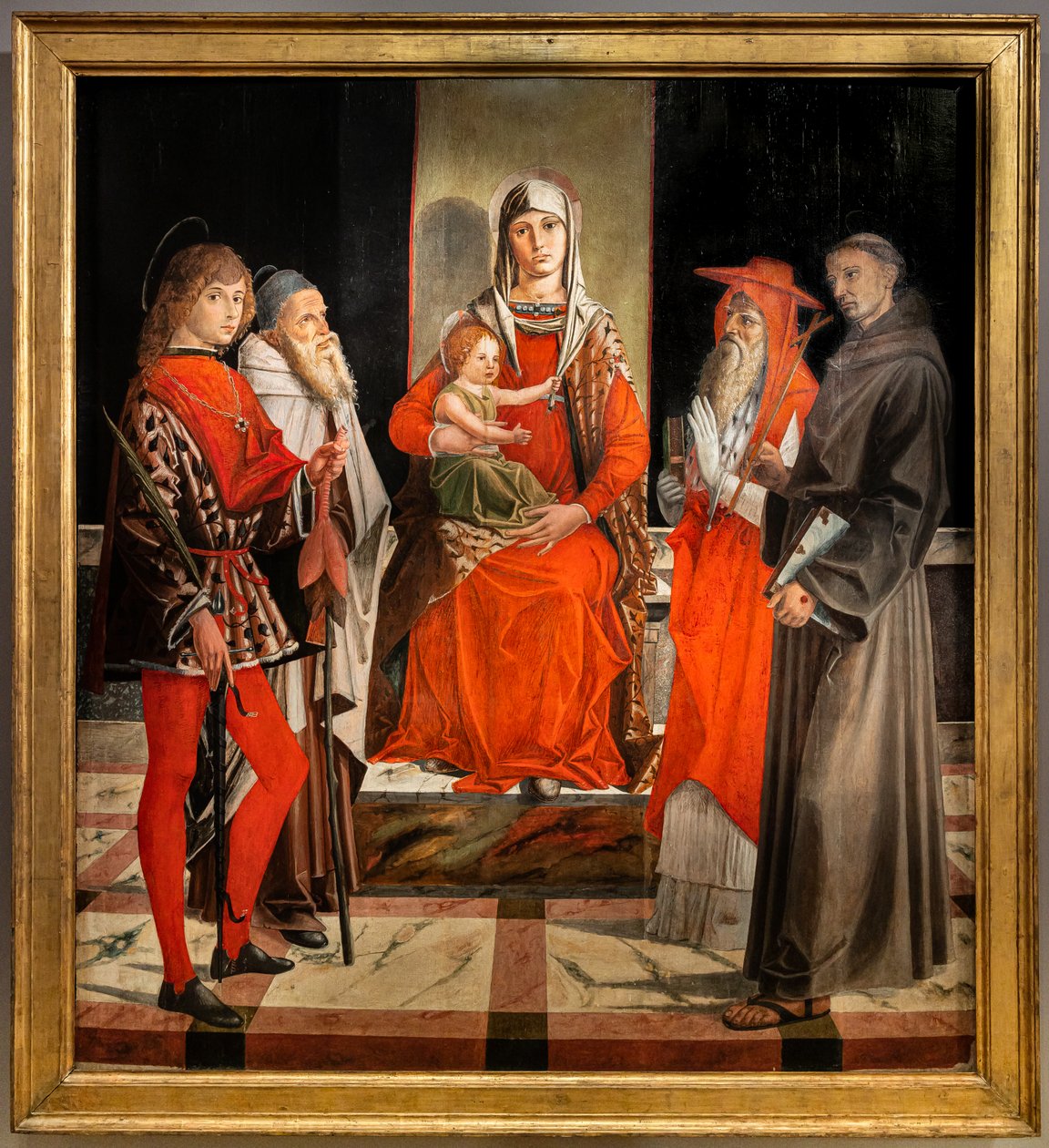 Madonna istui Jeesuksen kanssa pyhien Ansanuksen, Anthony Suuren, Hieronymuksen ja Franciscuksen joukossa tekijältä Bartolomeo Montagna