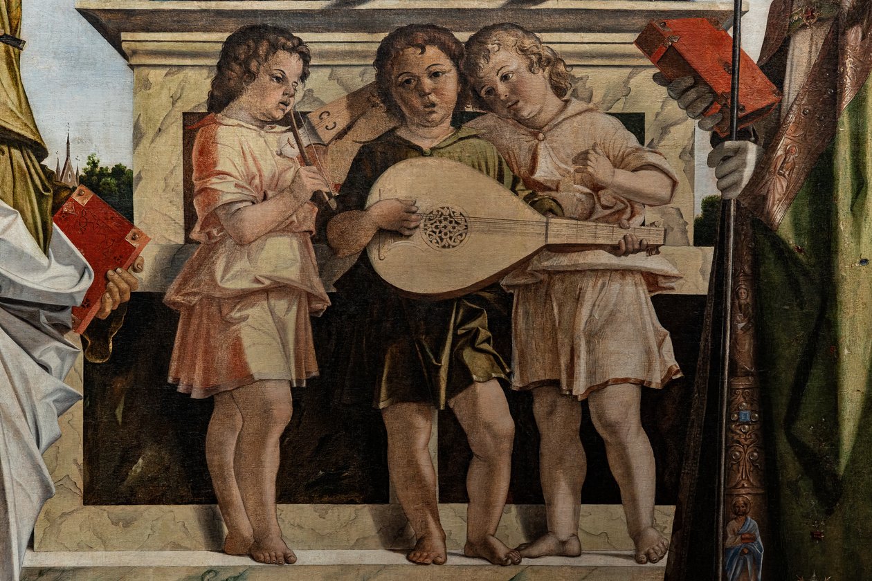 Valtaistuimella Madonna Jeesus-lapsen kanssa pyhien joukossa, yksityiskohta tekijältä Bartolomeo Montagna