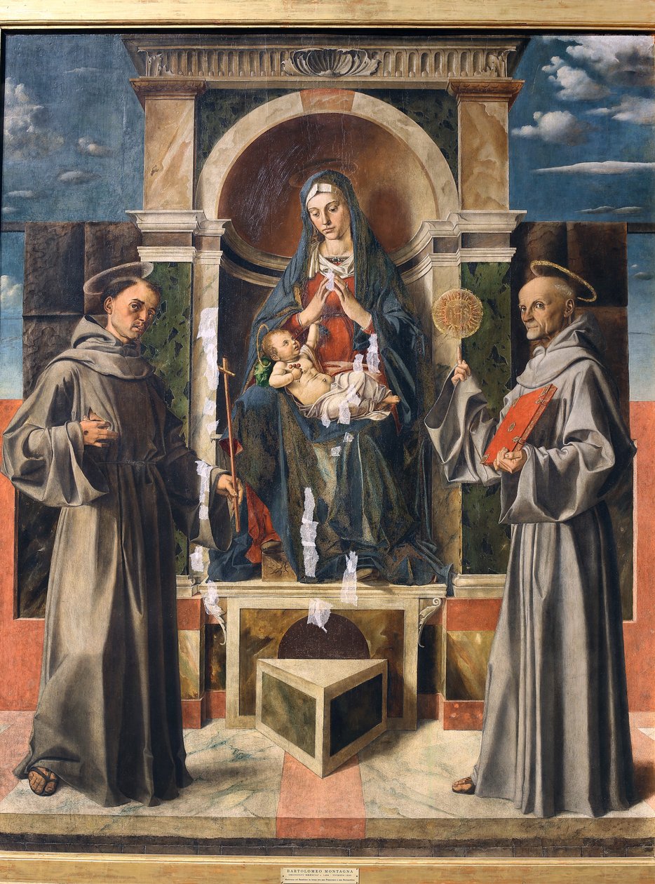 Madonna ja lapsi valtaistuimelle Pyhän Franciscuksen ja Sienan pyhä Bernardinon välillä, n. 1490 tekijältä Bartolomeo Montagna