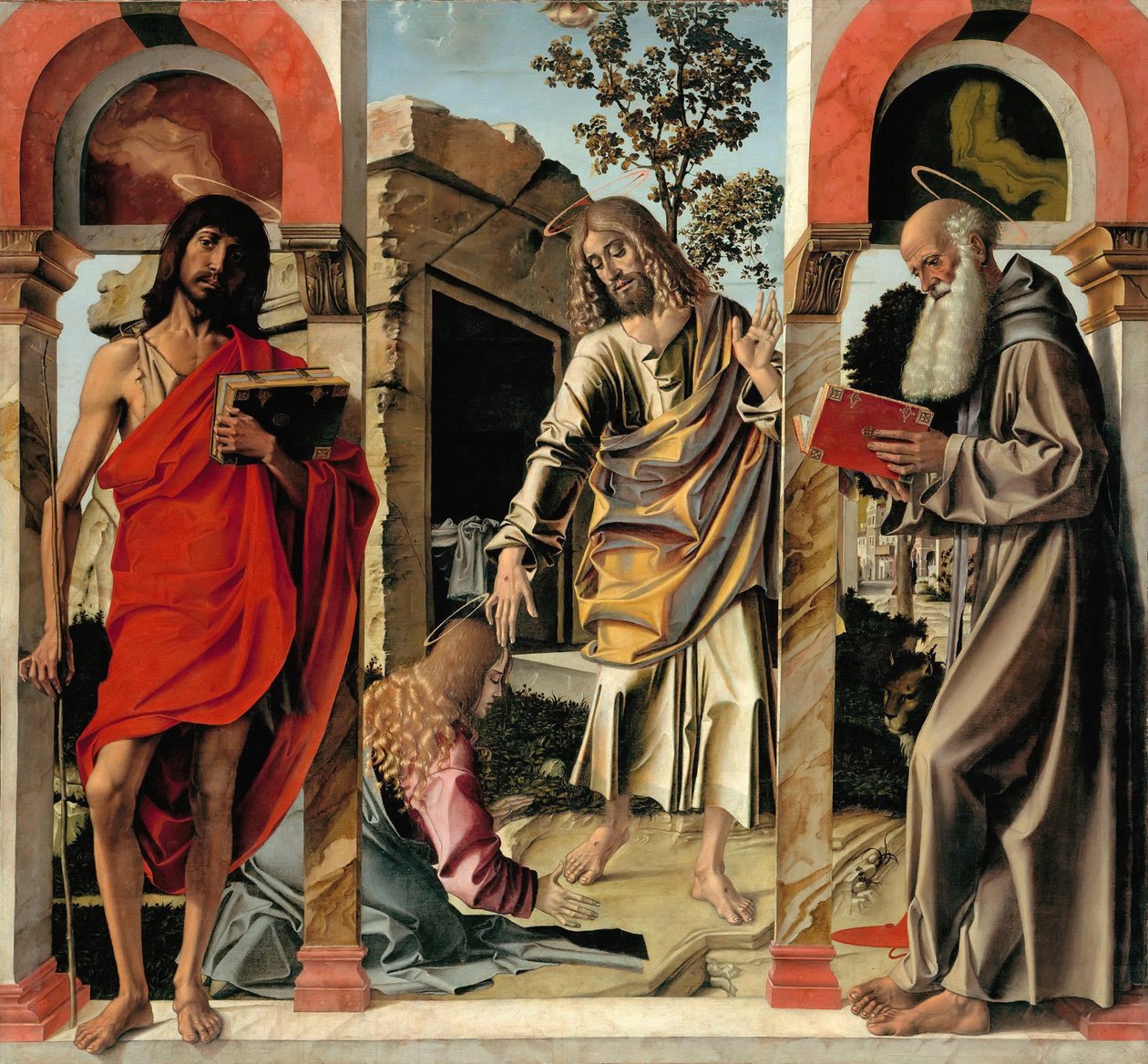 Ylösnoussut Kristus Maria Magdalenan ja pyhien Johannes Kastajan ja Hieronymuksen kanssa, n. 1492 tekijältä Bartolomeo Montagna