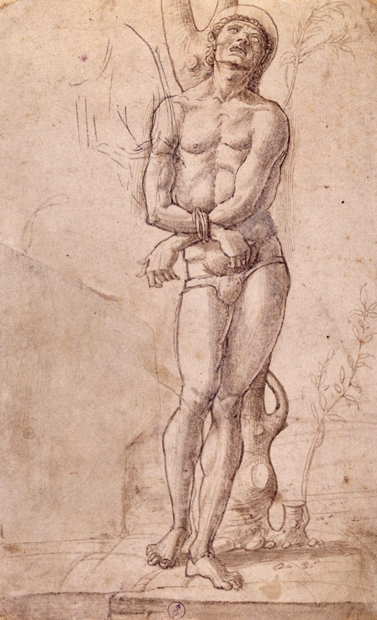 Saint Sebastian, n. 1475, piirustus Bartolomeo Montagna (n. 1450-1523), kynä ja ruskea muste, ruskea pesu, cm 20x15, Italia tekijältä Bartolomeo Montagna