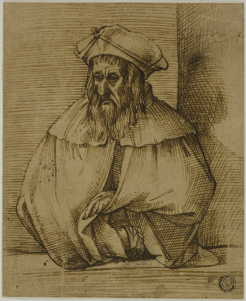 Puolipitkä luonnos hattua ja viittaa käyttävästä herrasmiehestä tekijältä Bartolomeo Passarotti