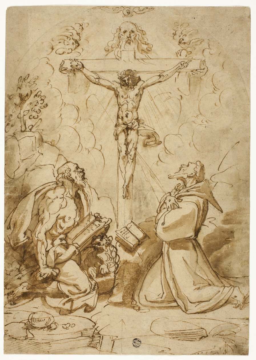 Pyhät Hieronymus ja Franciscus Assisilainen palvovat kolminaisuutta tekijältä Bartolomeo Passarotti