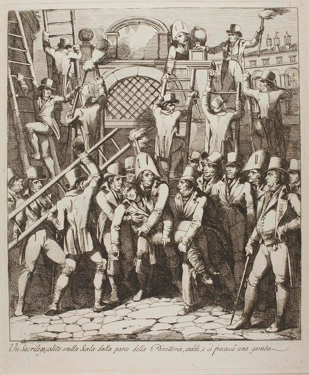 Jumalanpilkkaaja katkaisee jalkansa kiivetessään muurien yli Vatikaaniin 6. heinäkuuta 1809 tekijältä Bartolomeo Pinelli