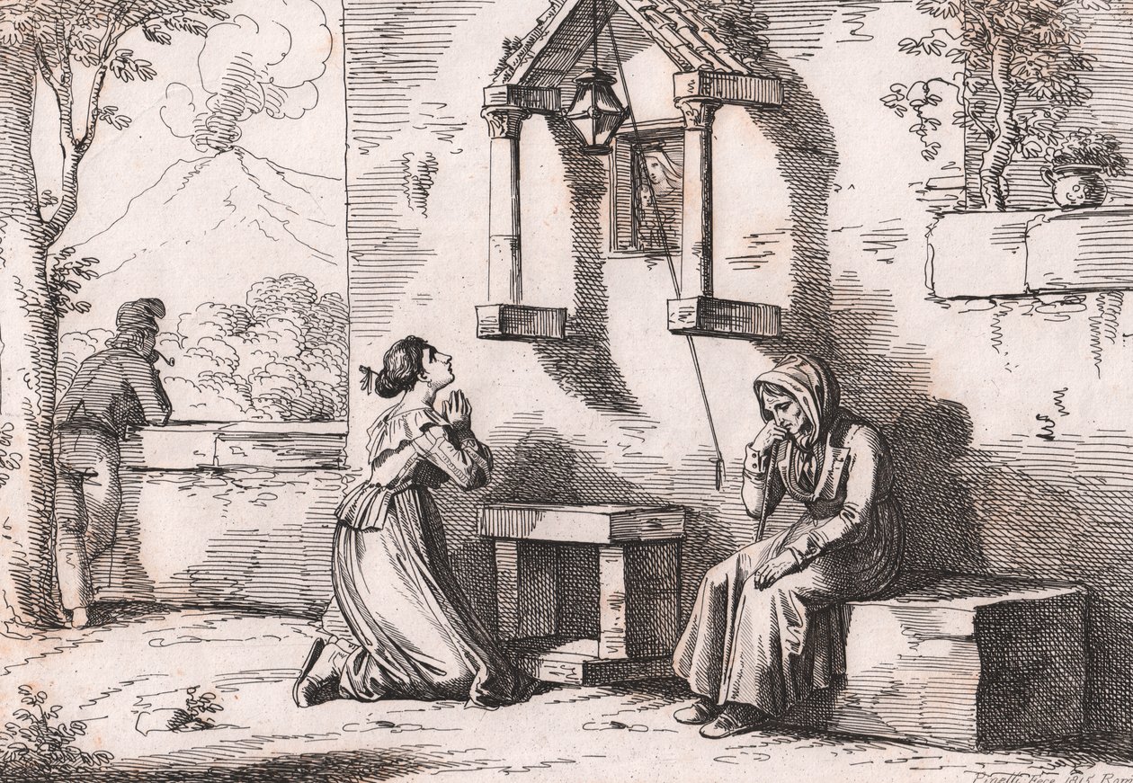Tytär rukoilee Madonnaa sairaan äitinsä puolesta, Bartolomeo Pinellin (Rooma tekijältä Bartolomeo Pinelli