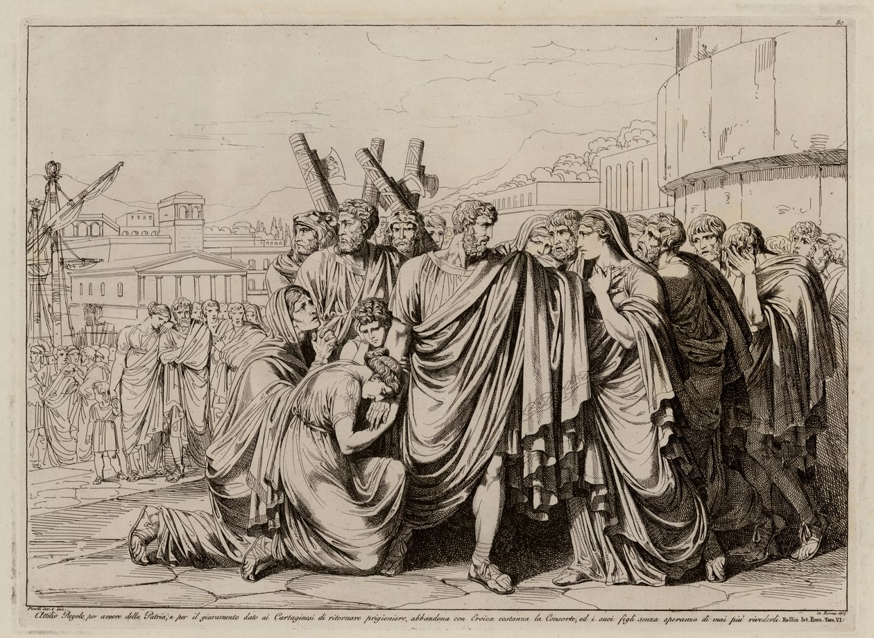 Atilius Regulus valmistautuu lähtemään Roomasta palatakseen vankeuteen Karthagoon (etsaus). tekijältä Bartolomeo Pinelli