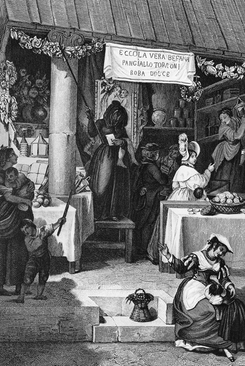 Befana (italialainen joulunoita), makeisia ja nugettia myyvä koju Piazza Navonalla Rooman Pyhäinpäivän aikaan, Bartolomeo Pinellin kaiverrus. tekijältä Bartolomeo Pinelli