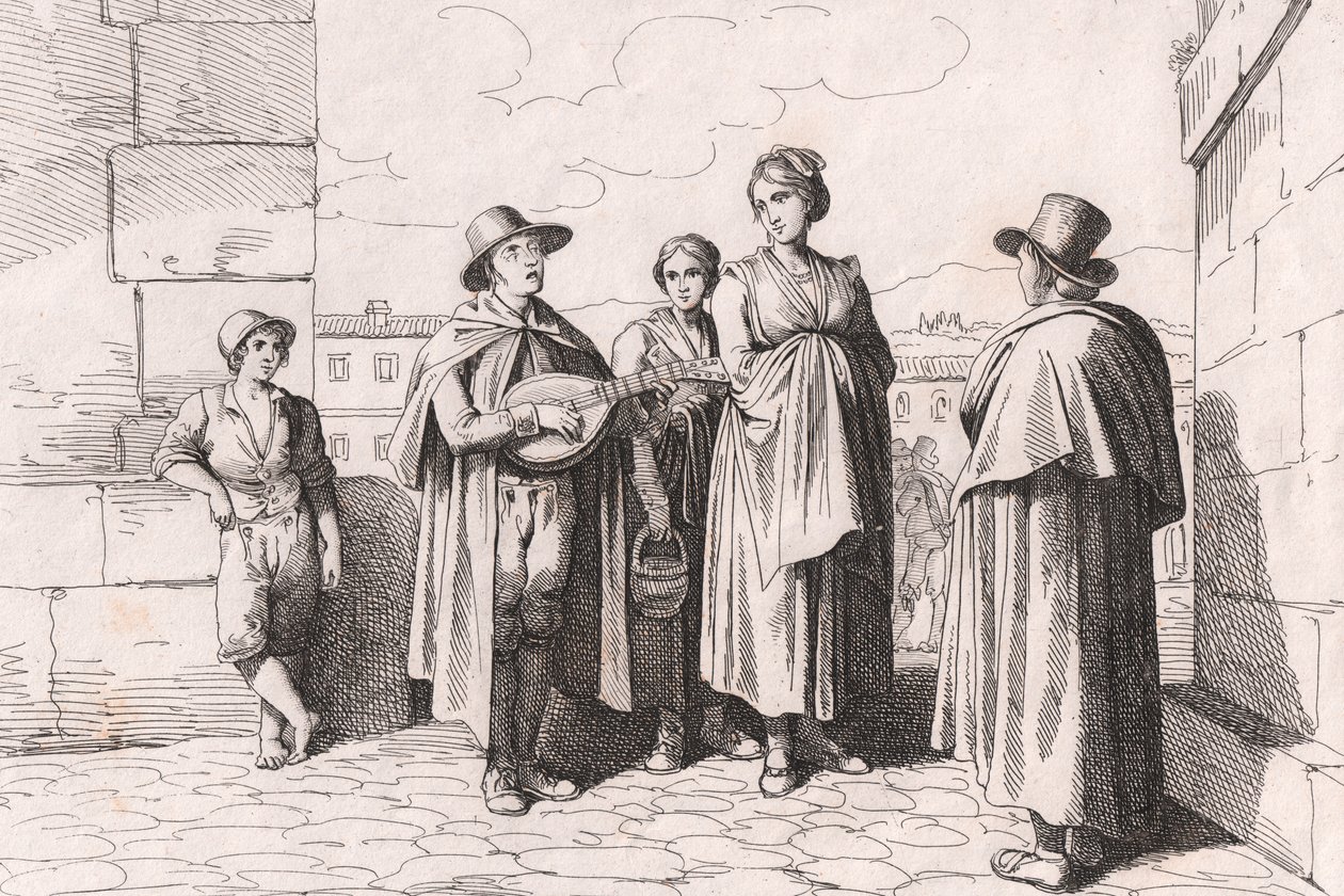 Sokea mies laulaa ja soittaa, Bartolomeo Pinellin etsaus (Rooma tekijältä Bartolomeo Pinelli