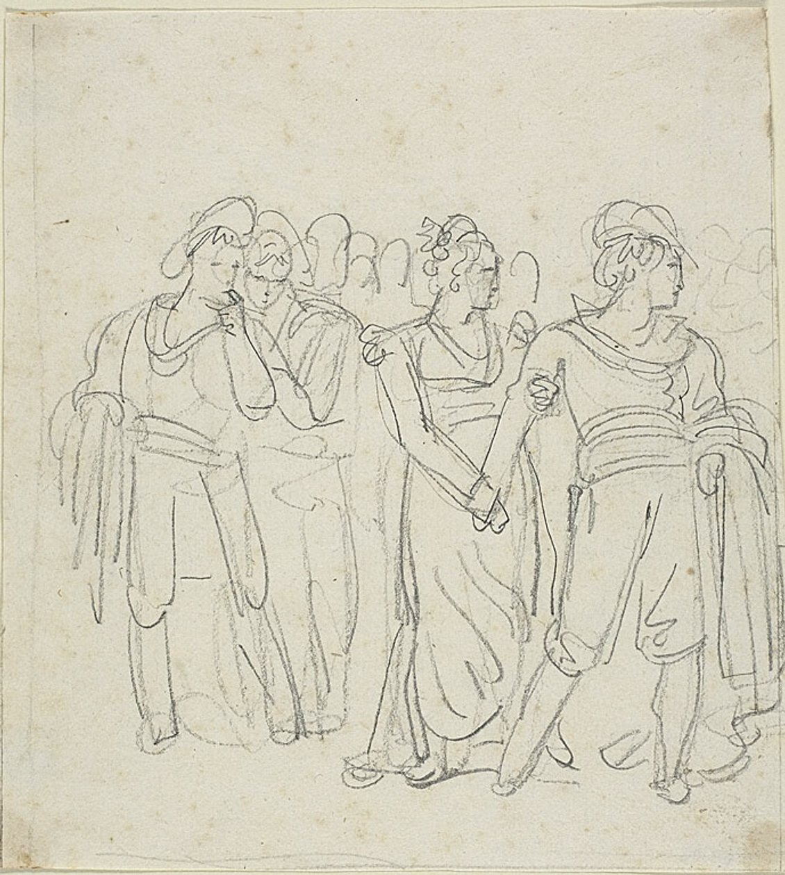 Brigand Chief Held Back By a Woman (etusivu); luonnos kahdesta hahmosta maisemassa (kääntöpuoli). tekijältä Bartolomeo Pinelli
