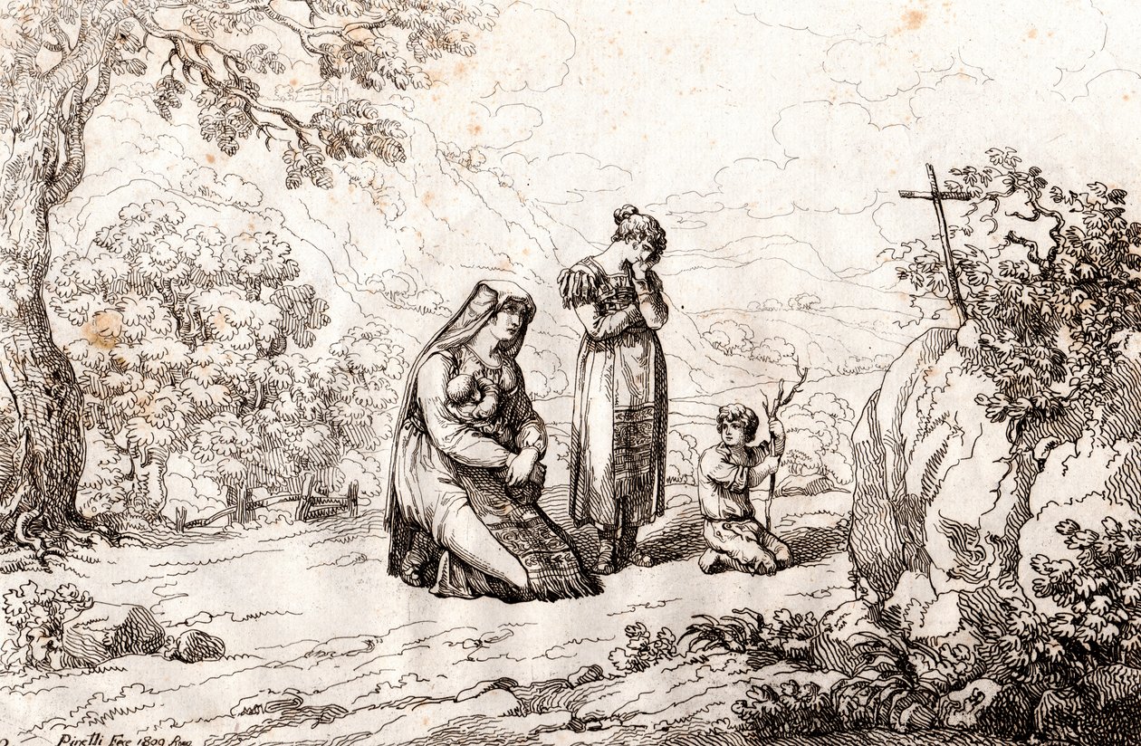 Ciociara-nainen rukoilee ristin edessä, jossa hänen miehensä tapettiin, kaiverrus Bartolomeo Pinelli (Rooma tekijältä Bartolomeo Pinelli