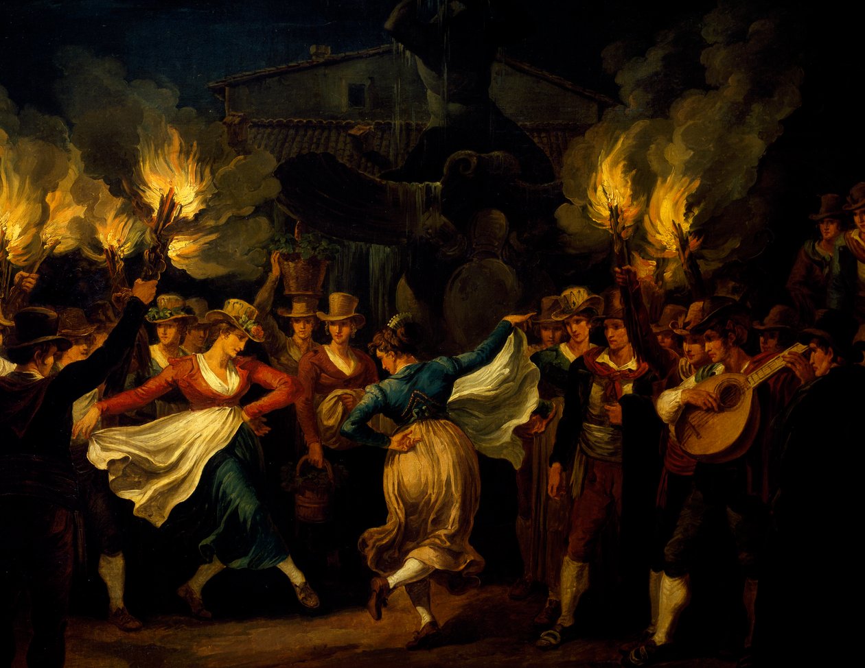 Ballarins, detall de Dansa nocturna a la Piazza Barberini de Roma després de la collita, de Bartolomeo Pinelli (1781-1835), Itàliafinès tekijältä Bartolomeo Pinelli