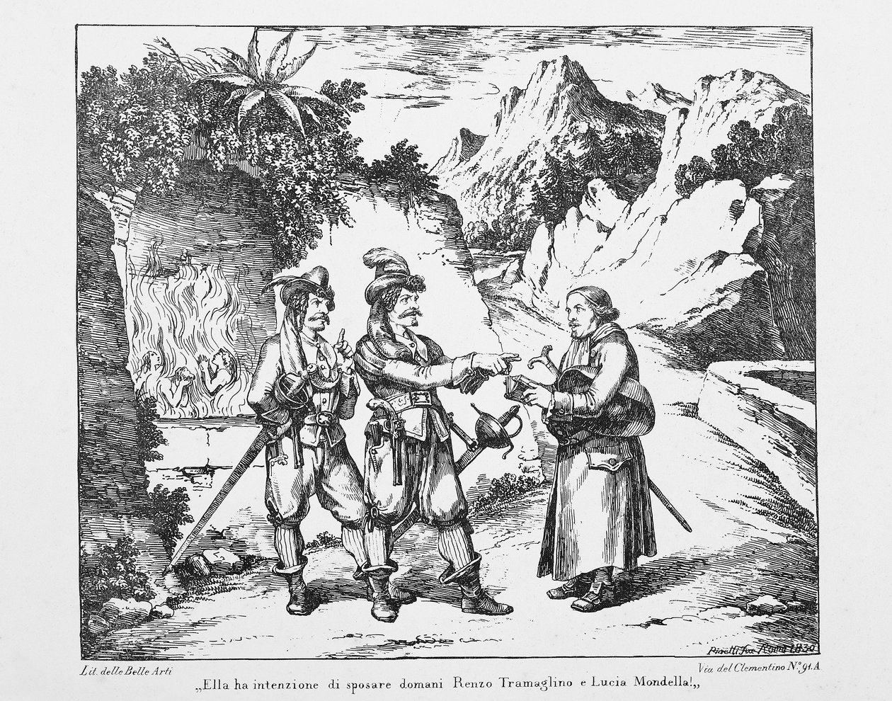 Don Abbondio kohtaa kaksi Bravia, Bartolomeo Pinellin (1781-1835) litografia Alessandro Manzonin (1785-1873) Kihloissa, Italiassa 1800-luvulla. tekijältä Bartolomeo Pinelli