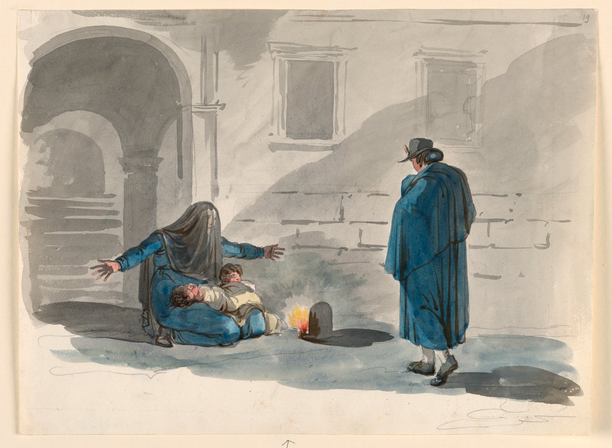 Piirros, Köyhä nainen Roomassa, 1807-08 tekijältä Bartolomeo Pinelli