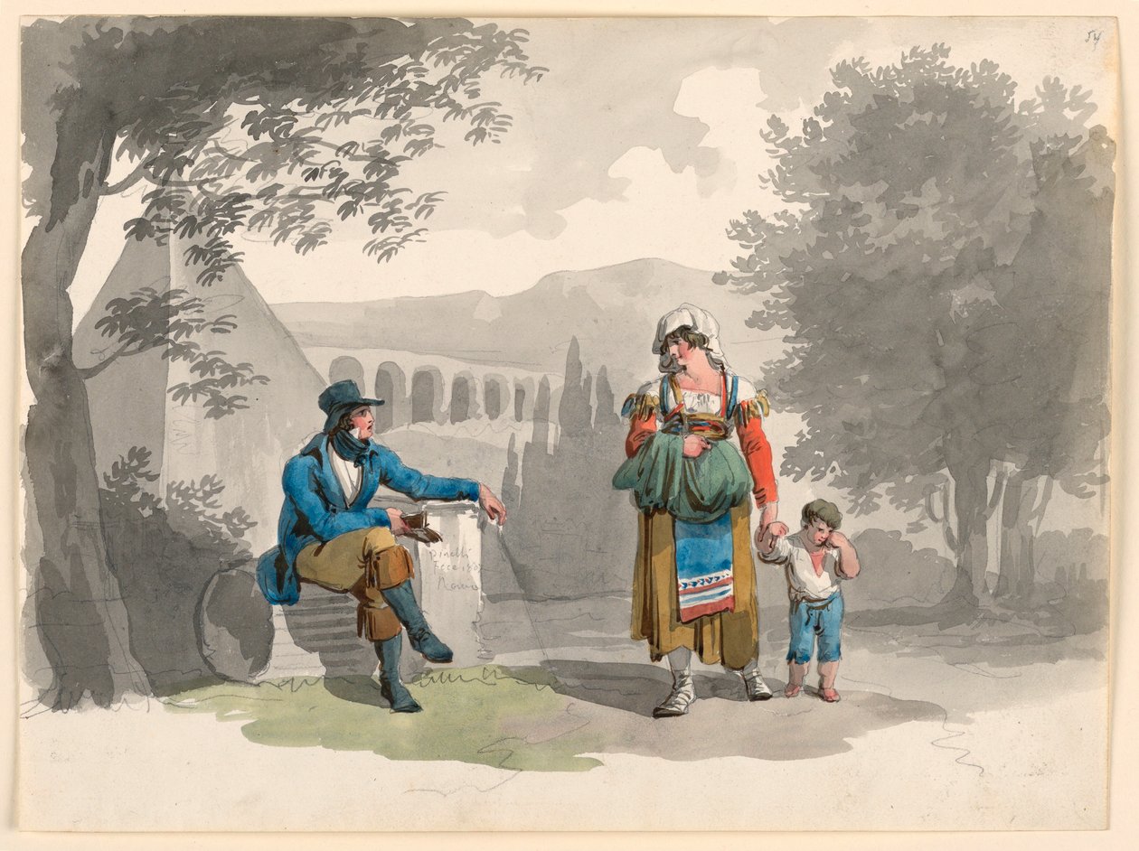 Piirros, Nainen, joka pitää poikaa kädessään ohittaen herrasmiehen, joka istuu raunioiden keskellä Campagnalla, 1807 tekijältä Bartolomeo Pinelli