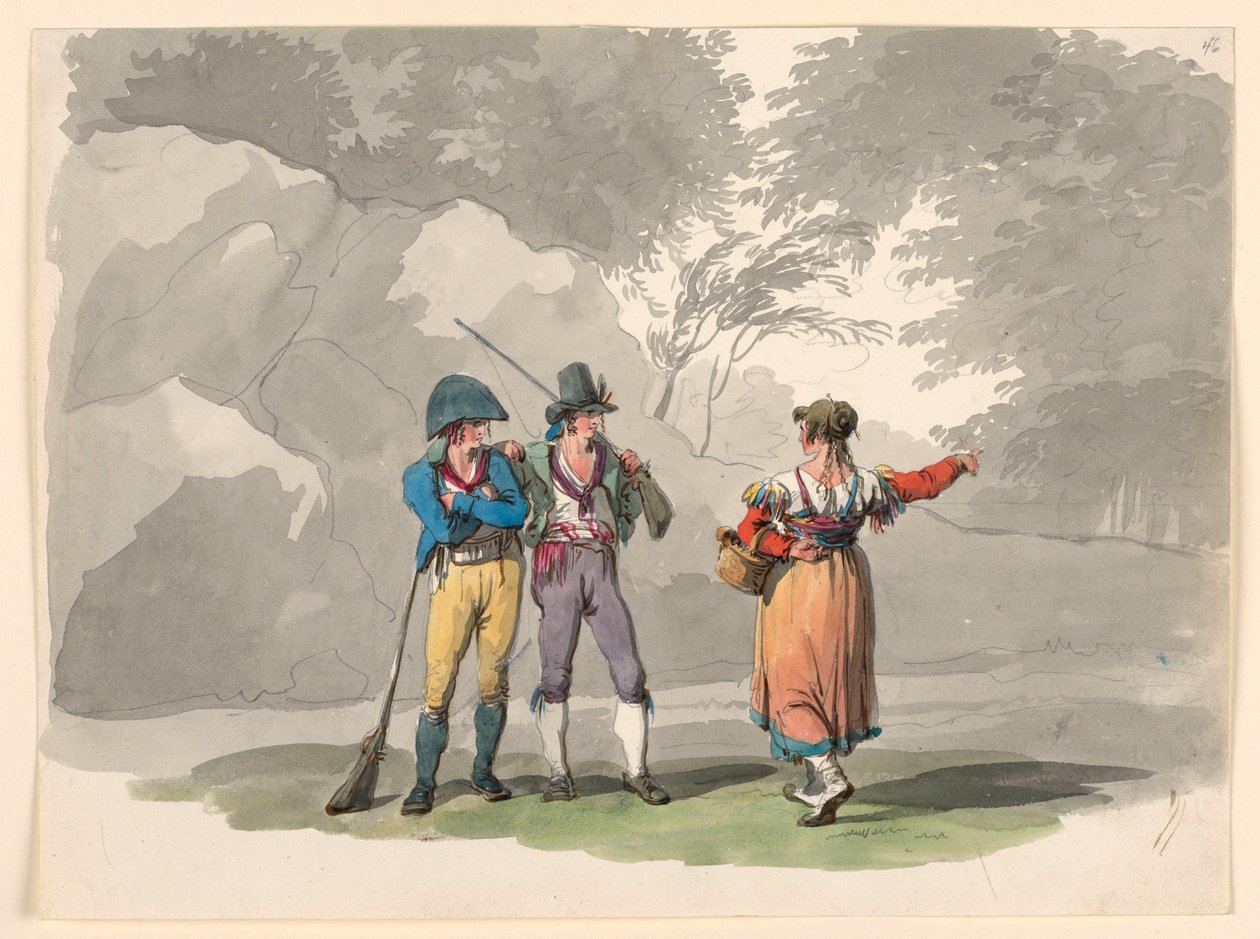 Piirros, Nainen ja kaksi miestä aseiden kanssa. Napolin kuningaskunnan puvut, 1807-08. tekijältä Bartolomeo Pinelli