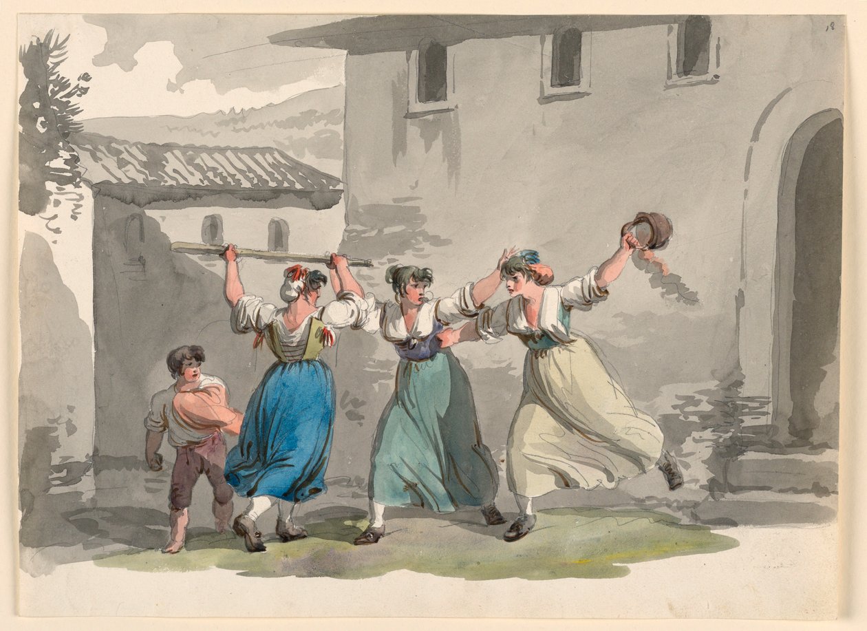 Piirros, Naisten taistelu Roomassa, 1807-08 tekijältä Bartolomeo Pinelli