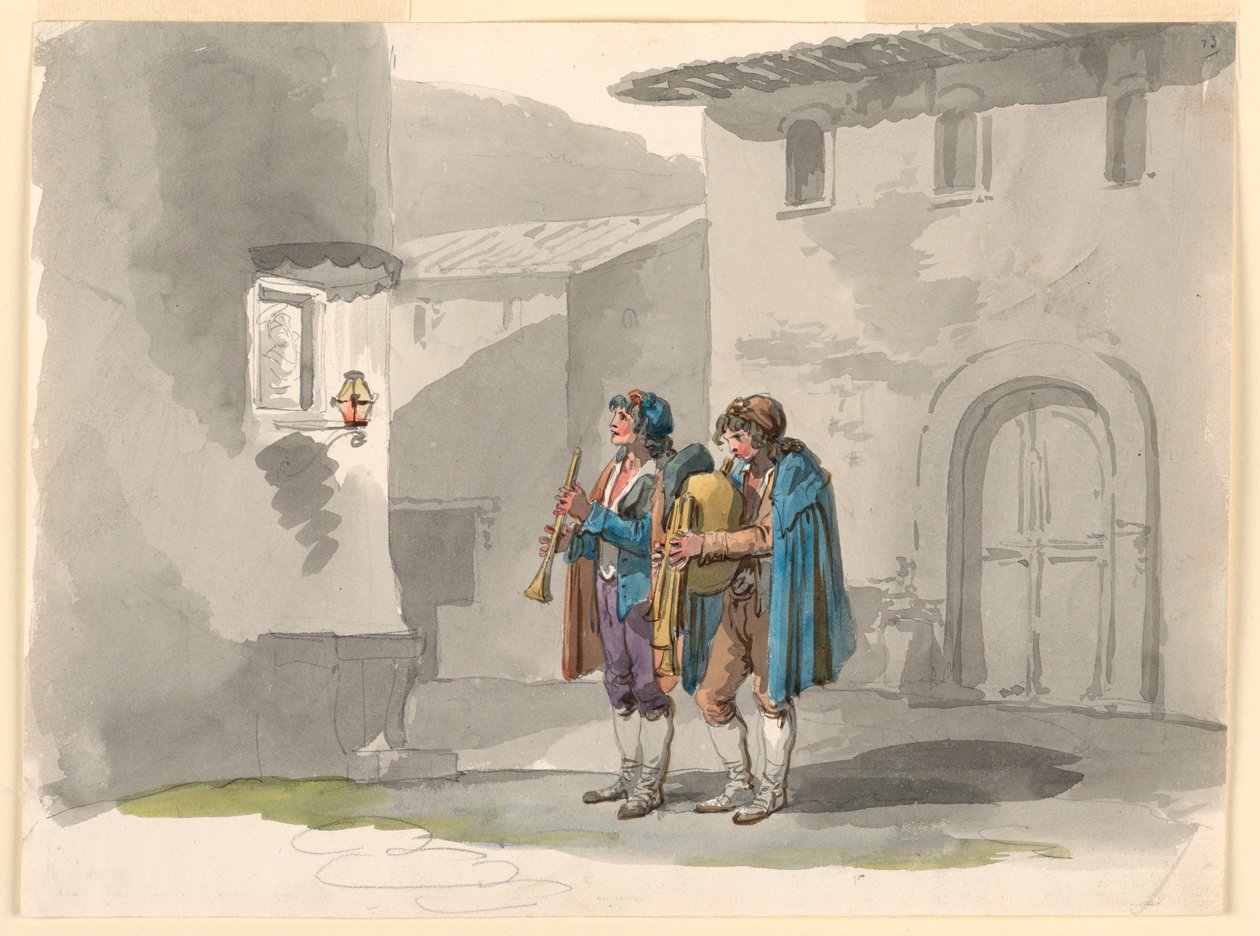 Piirros, "Pifferari", kaksi Abruzzin putkimiestä Roomassa, 1807-08. tekijältä Bartolomeo Pinelli