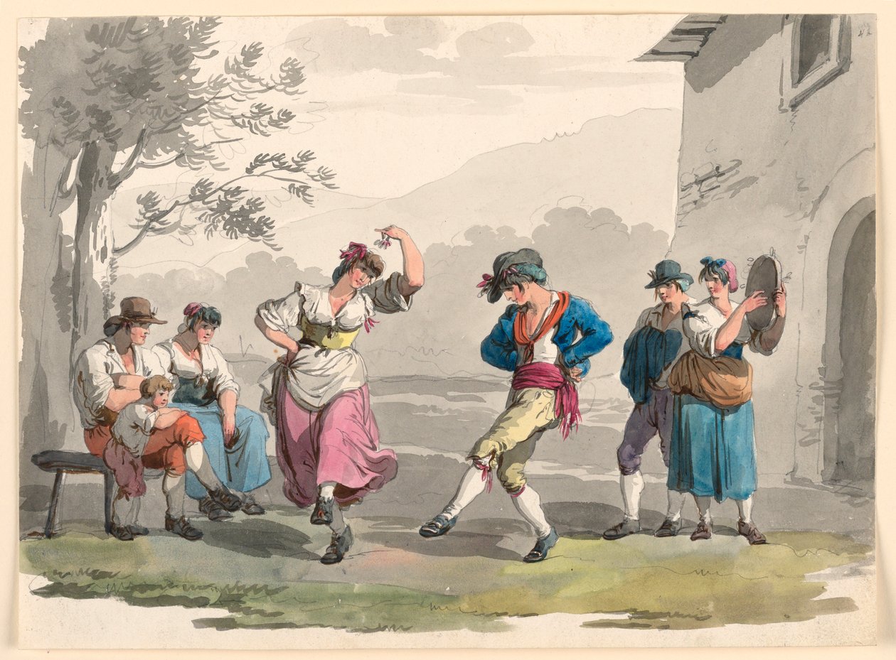 Piirros, "Saltarello Romano", Tanssivat talonpojat Rooman naapurustossa, 1807-08 tekijältä Bartolomeo Pinelli