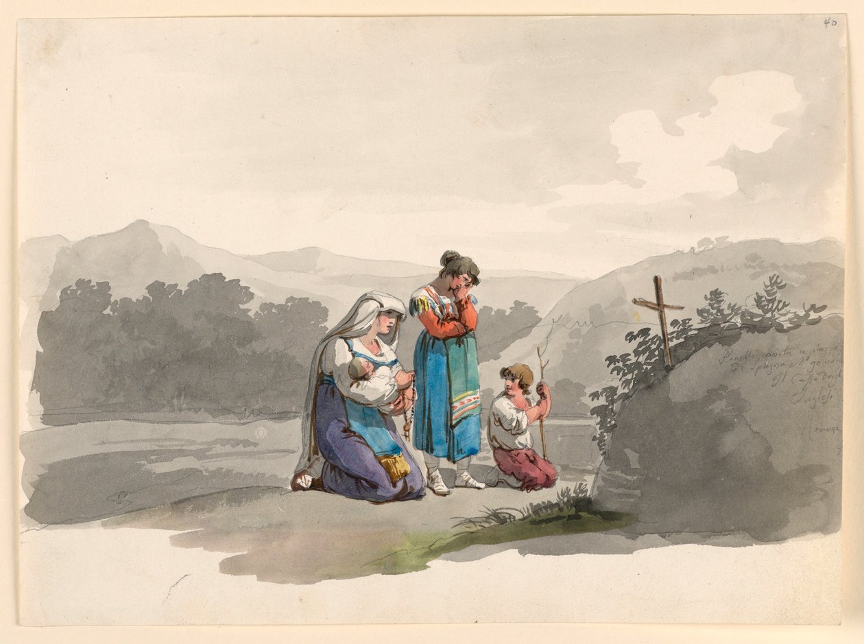 Piirros, Nainen vauvan kanssa rukoilemassa ristin edessä, joka merkitsee paikkaa, jossa hänen miehensä tapettiin, 1807-08. tekijältä Bartolomeo Pinelli