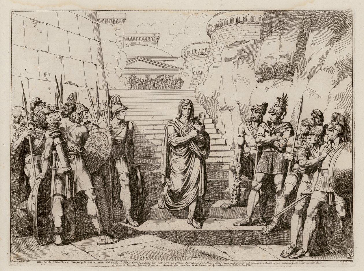 Gaius Fabius Dorsuo ohittaa gallialaiset rauhassa matkalla uhraamaan, 390 eaa. (etsaus) tekijältä Bartolomeo Pinelli
