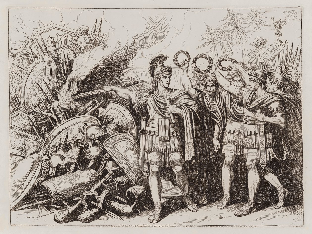 Gaius Marius polttaa Cimbrien ja Teutonien aseet. tekijältä Bartolomeo Pinelli