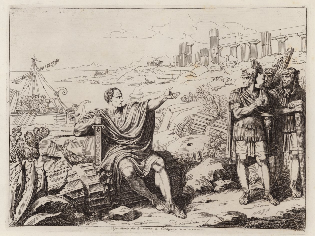 Gaius Marius istuu Karthagon raunioiden keskellä (etsaus). tekijältä Bartolomeo Pinelli