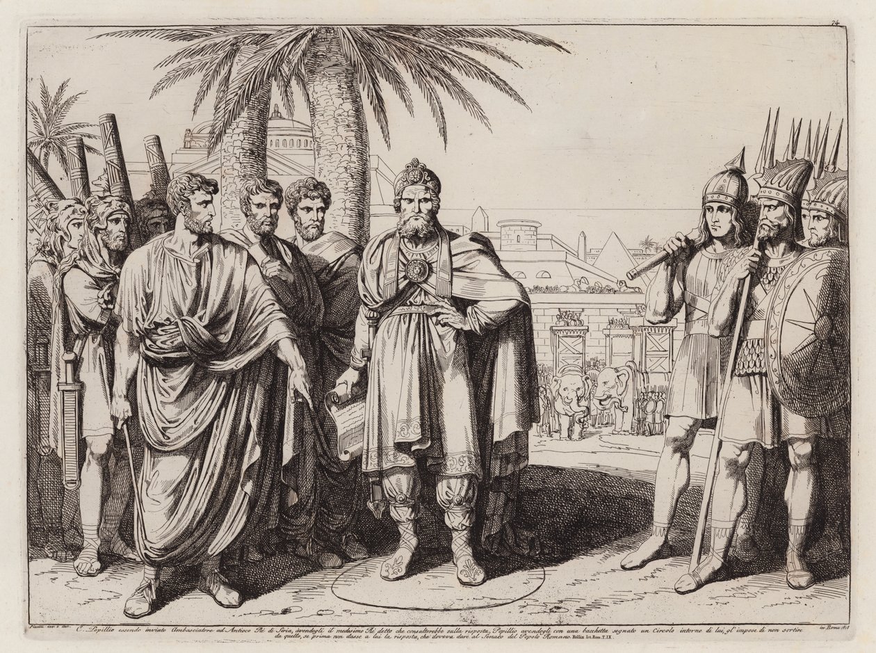 Gaius Popillius Laenas piirtämässä ympyrää hiekkaan Antiokhos IV Epifaneen ympärille (etsaus). tekijältä Bartolomeo Pinelli